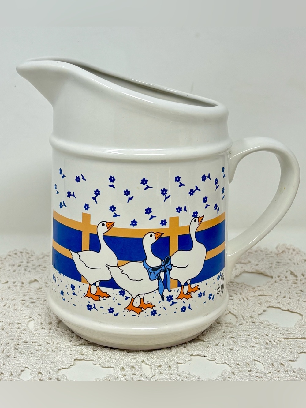 Country Goose Geese Blue Ribbon Floral Ceramic Pitcher Ewer 90s Cottagecore VTG